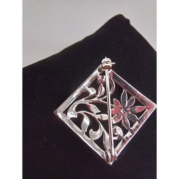 Sterling & Marcasite Flower Diamond Shaped Brooch Pin Filigree Silver - Picture 5 of 7